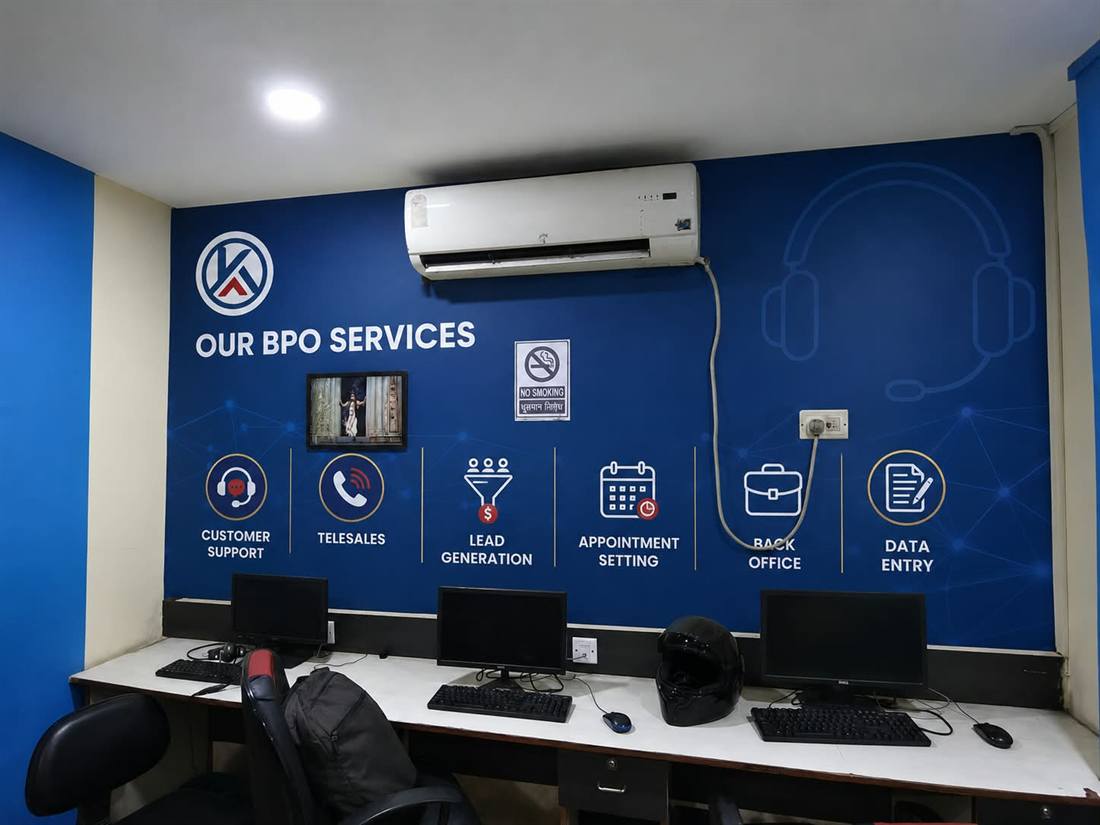 Our BPO Services — Customer Support, Telesales, Lead Generation, Appointment Setting, Back Office, Data Entry, displayed at the ARSTOX office